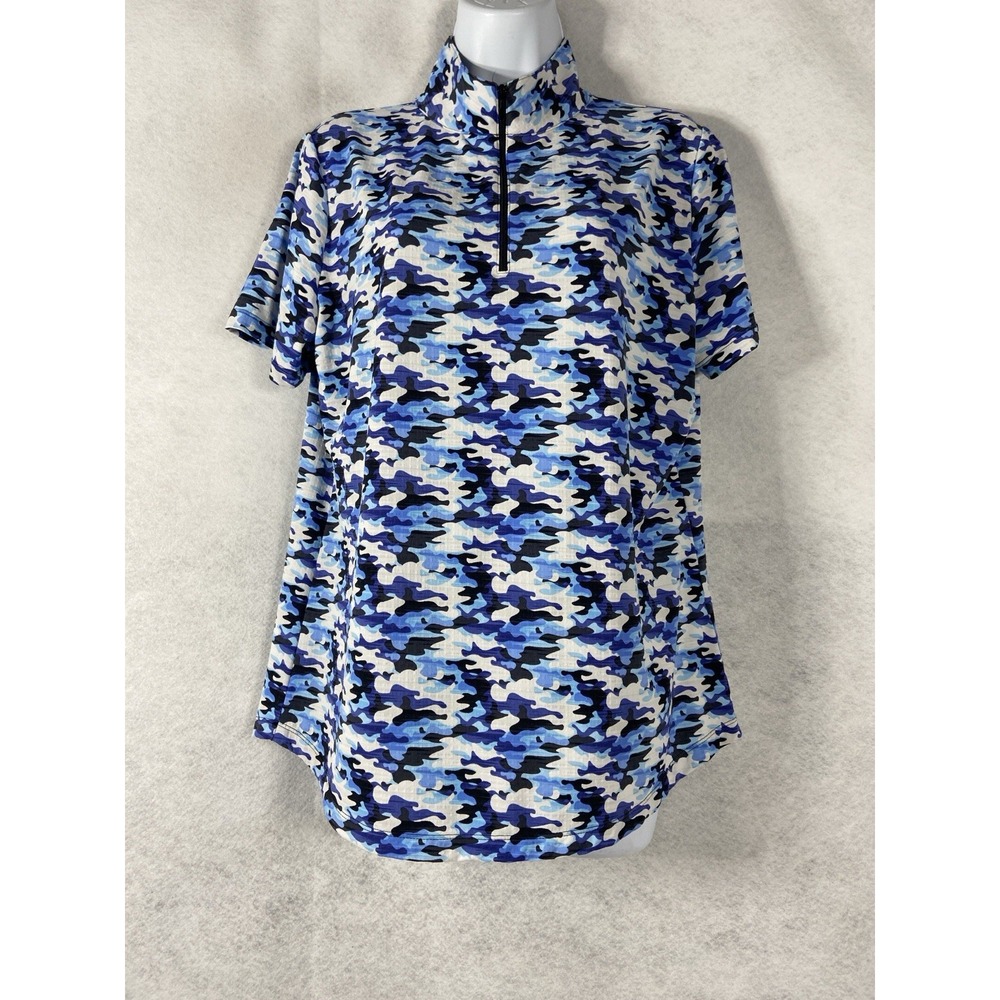 IBkul Top Women's Large Blue White Mock Neck 1/4 Zip Short Sleeve Camo Golf